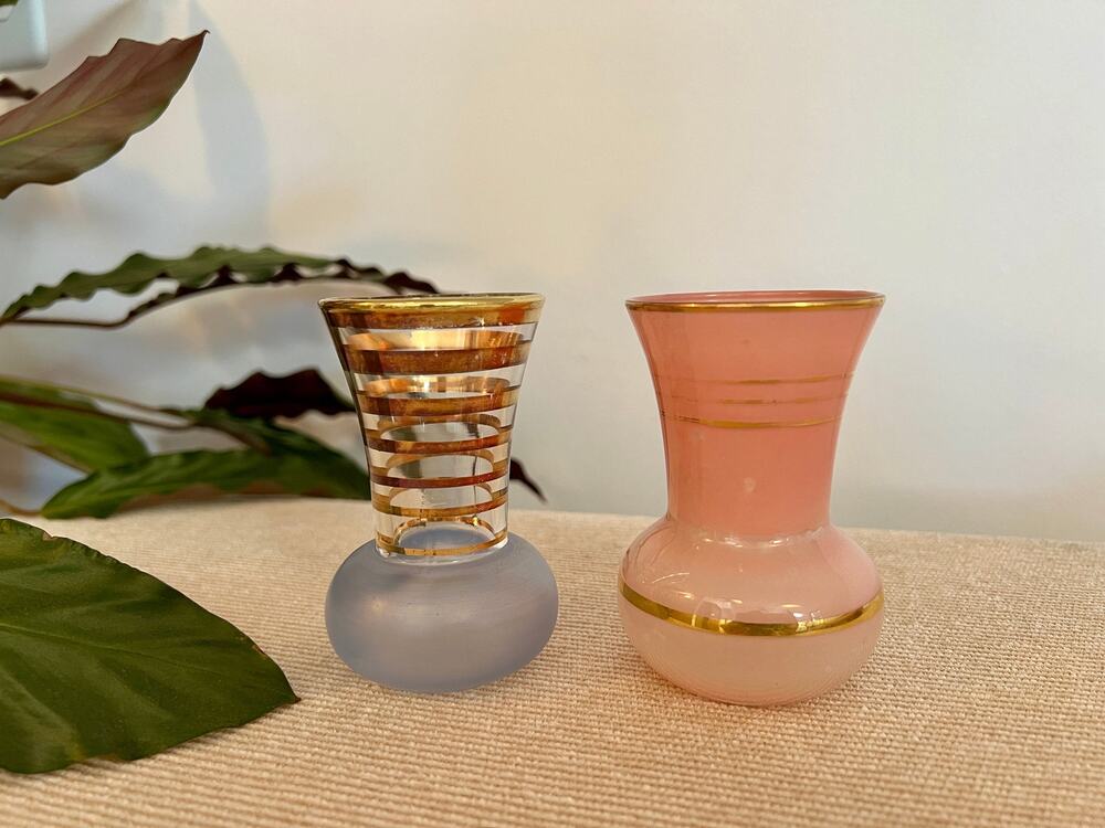 Vintage Glass Vases Pair Hollywood Regency Gold Stripe Pink Blue Mid Century